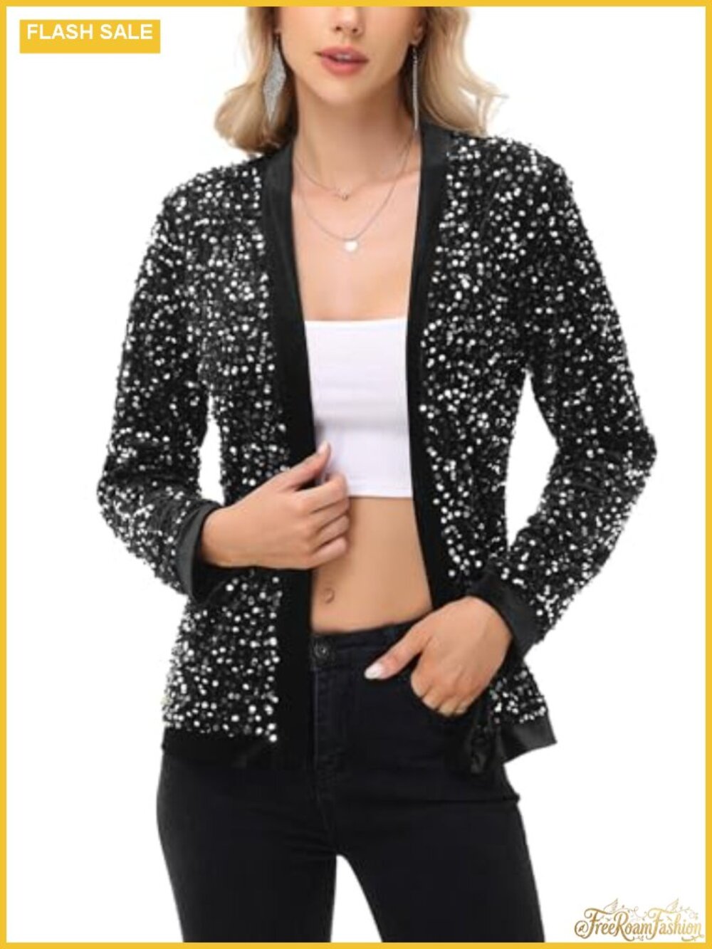 Anna-Kaci Sequin Cardigan Long Sleeve Open Front Glitter Party Blazer Jacket